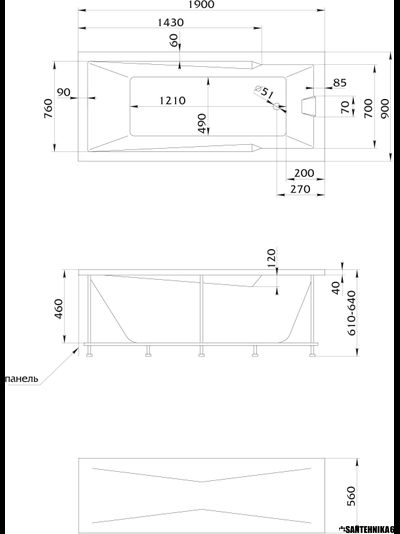 Ванна акриловая прямоугольная 1Marka RAGUZA 190x90 каркас + панель