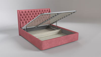 Современная дизайнерская кровать Леон, мягкое высокое изголовье, катерная стяжка, фанера, усиленная металлом, с подъемным механизмом и бельевым ящиком