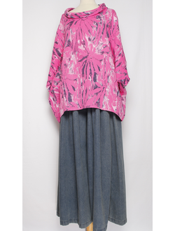 БЛУЗА ЛЁН "КИМОНО ХОМУТ АСТРА" фуксия, чайная роза до р.56