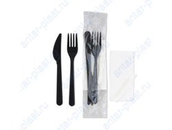 Комплект №4 (вилка черная, нож черный, зубочистка салфетка белая)