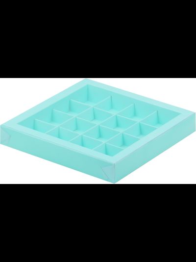 Коробка для 16 конфет с проз. кр. (бирюза), 200*200*30мм