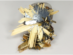 Редкость! Рутил свободного роста, сростки "звезды" золотистых игольчатых кристаллов на кристаллах гематита, Бразилия (20*18*7 мм, 2 г) №37911