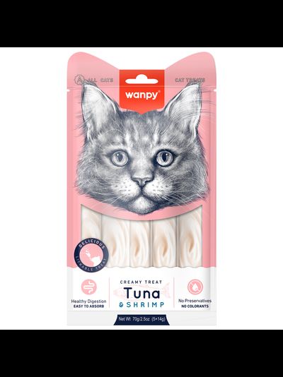 Wanpy Cat (Ванпи кэт) Лакомство для кошек «нежное пюре» из Тунца и креветок, 70 г