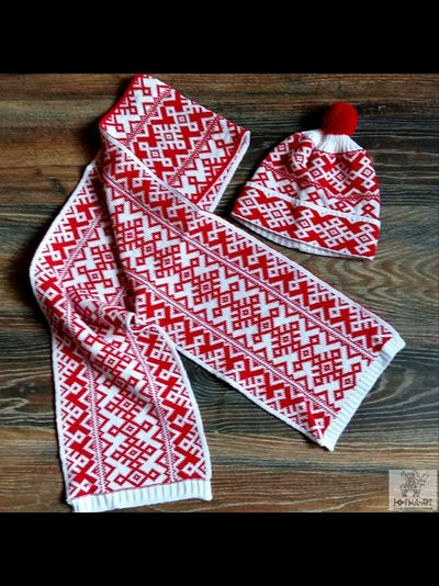 Комплект шапка+шарф, бело-красный