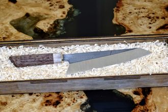 Нож ручной работы Gyuto Y82 / сталь D2 / карельская береза / шоколадно-коричневый