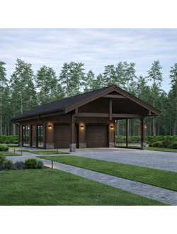 стильный гараж с большим навесом из газобетона в Новосибирске, каркасный гараж в стиле шале лофт