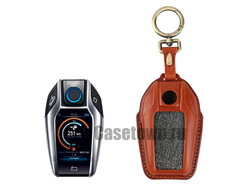 Коричневый чехол из кожи для ключа Bmw G серий с дисплеем