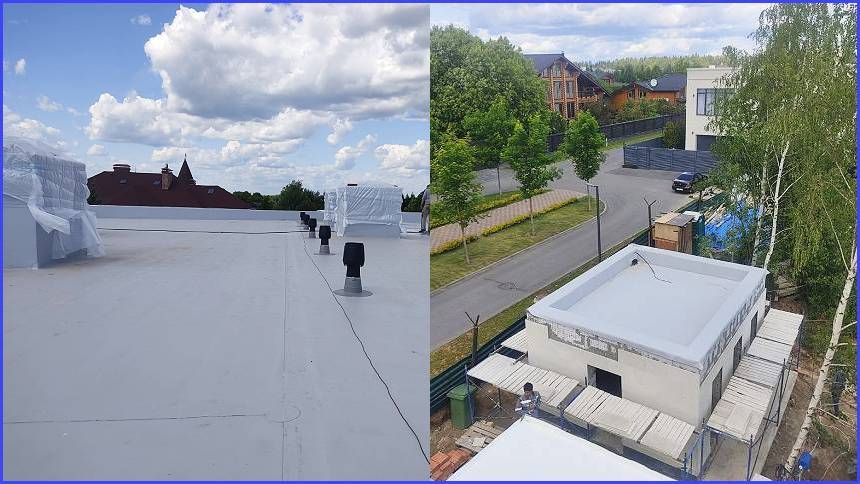 На большом доме и гараже смонтирована утепленная плоская кровля