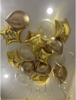Шары золотые, с конфетти, звёздочки 15 шт под потолок