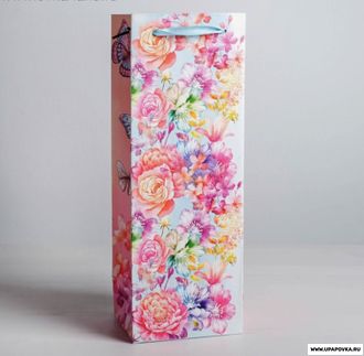 Пакет под бутылку «Цветы и бабочки» 13 x 36 x 10 см