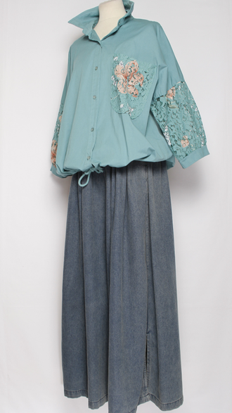 Рубашка хлопок "Карман кружево" бирюзовая, зеленая до р.52