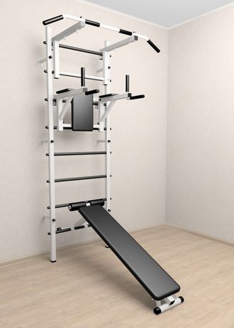 Шведская стенка   с турником регулируемым по высоте, брусьями  и скамьей для пресса.