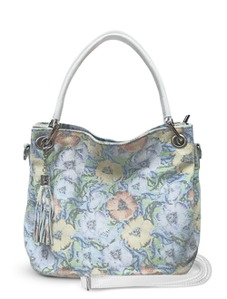 (Артикул: 9940/1/52) СУМКА ЖЕНСКАЯ, СРЕДНЕГО РАЗМЕРА, НАТУРАЛЬНАЯ КОЖА С ЛАЗЕРНОЙ ОБРАБОТКОЙ "ЦВЕТЫ НА ГОЛУБОМ ФОНЕ", С БЕЛЫМИ РУЧКАМИ, С ПЛЕЧЕВЫМ РЕМНЕМ