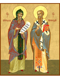 Кирилл и Мефодий, Святые равноапостольные славянские просветители. Рукописная православная икона.