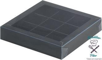 Коробка на 9 конфет с пластиковой крышкой 155*155*30 мм, черная матовая