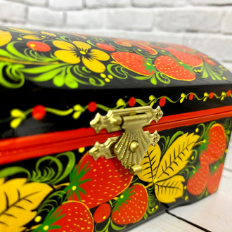 Деревянная шкатулка сундучок Птица с клубникой 120*80 мм для украшений с росписью Хохлома