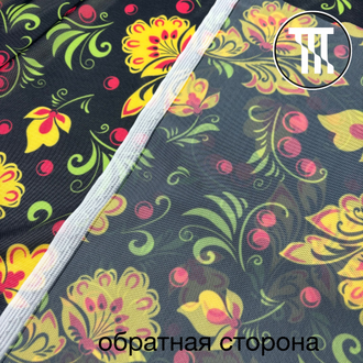 Сетка-стрейч принт Хохлома на черном