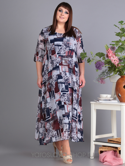 Платье серо-коричневое с абстрактным рисунком