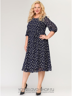 Модель : А-3986.Нарядное платье синего цвета с белыми кругами