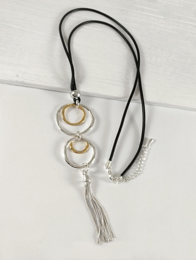 (АРТИКУЛ: 9304/52) КОЛЬЕ ЖЕНСКОЕ, КРУПНАЯ ПОДВЕСКА В СЕРЕБРИСТО-ЗОЛОТИСТЫХ ЦВЕТАХ, НА ДЛИННОМ ЧЕРНОМ ШНУРКЕ