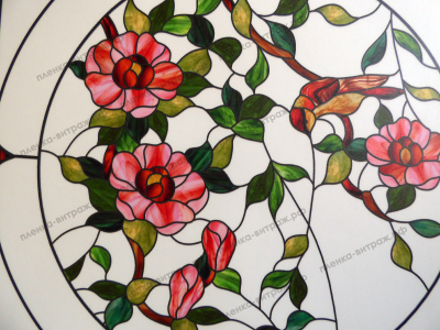 Витражная пленка, витражная пленка самоклеющаяся под заказ,пленочный витраж флора с птицами