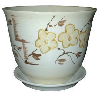 Белый стильный керамический горшок для комнатных цветов диаметр 13 см с рисунком "цветы"