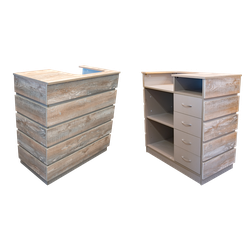 Тучков шоп. Торговое оборудование. Ресепшн. Стойка-ресепшен цвета светлого дерева с накладками