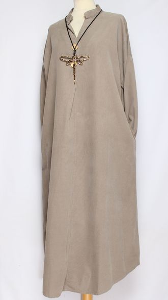 Платье Бохо вельветовое "СТОЙКА ЗАЩИП ПУГОВКИ" бежевое до р.52