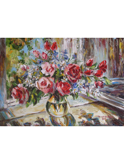 Натюрморт Розы и ромашки на окне Круглова Светлана