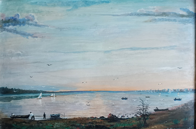 "Амурская протока" картон масло Елькин Г. 1992 год