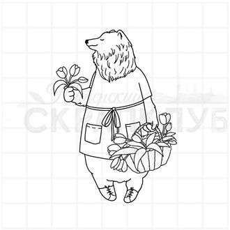 Штамп медведица с корзиной тюльпанов