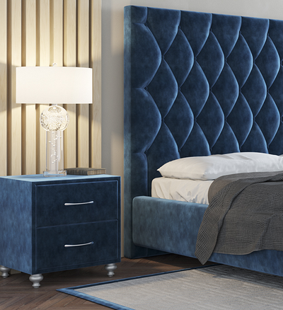 Прикроватная тумба MyCloud Тиффани, со стеклом, из мебельной ткани, три ящика