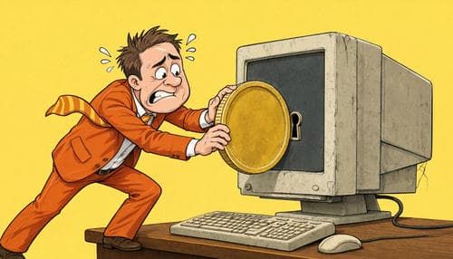 Ироничный шарж на предпринимателя, пытающегося привлечь клиентов через замочную скважину устаревшего