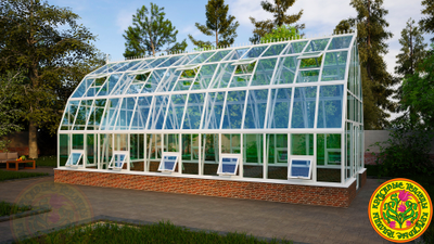 Базовая комплектация теплицы из стекла и алюминия “Леонардо XL” размером 5000 х 10000 мм
