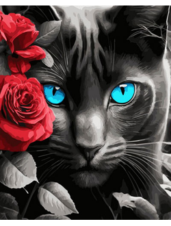 Картина по номерам OK11455 Эксклюзив!!! Кошка и розы