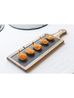 Блюдо для подачи прямоуг. 45*15 см. с ручкой, сланец, на деревянной подставке