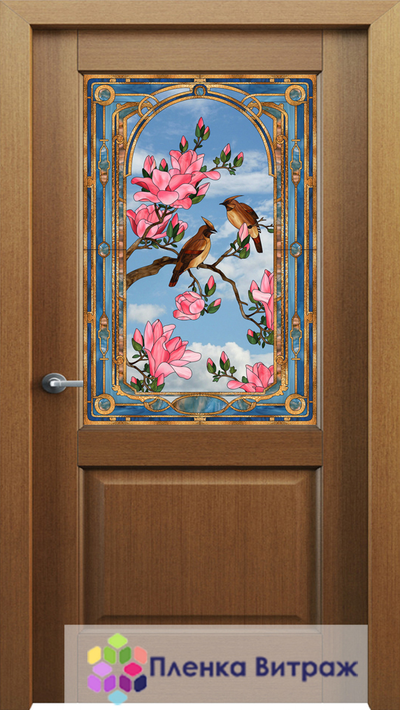 Витражная пленка, витражная пленка самоклеющаяся под заказ,пленочный витраж с птицами клестами