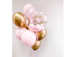 фонтан с шаром баблс, хром и нежно розовыми шарами