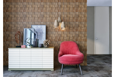 Стеновая панель из массива дуба "Плетенка с тиснением волна" (артикул 1006-ST) в интерьере гостиной