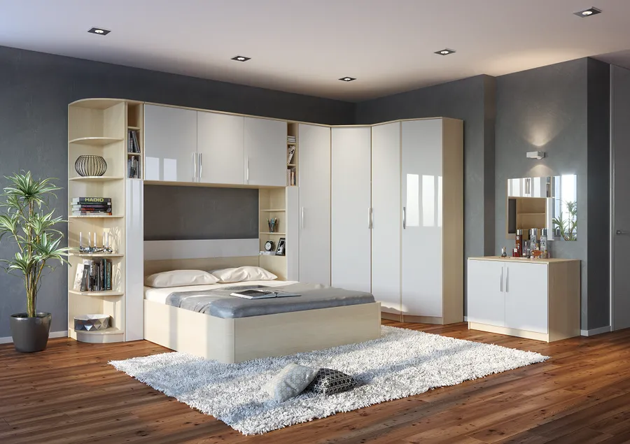 Спальня с угловым шкафом. Материал фасадов АКРИЛ. Срок изготовления от 21 рабочего дня. Цена на момент заказа 152000 руб.