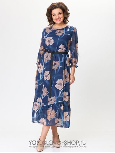 Модель :2393. Женское  платье из шифона  в синем цвете с цветочным рисунком