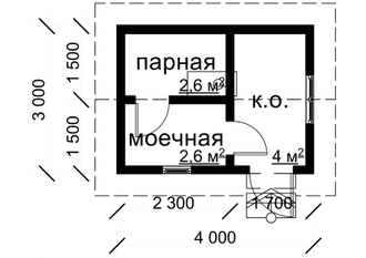 БАНЯ ИЗ БРУСА: Б-02, ГАБАРИТНЫЕ РАЗМЕРЫ: (4х3м) 1 этаж, ОБЩАЯ ПЛОЩАДЬ: 12м²