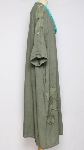 ПЛАТЬЕ БОХО ЛЬНЯНОЕ "СТОЙКА ЗАЩИП КРУЖЕВО" хаки до р.58