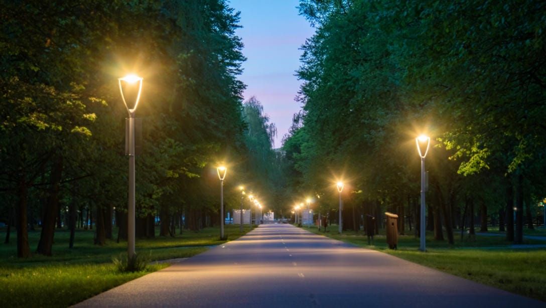 Уютная парковая аллея с небольшим расстоянием между декоративными опорами освещения.