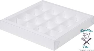 Коробка на 16 конфет с пластиковой крышкой 200*200*30 мм, белая