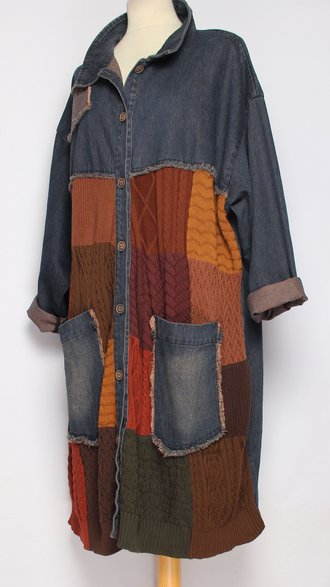 ПЛАТЬЕ-ЖАКЕТ БОХО джинсовое "Комбинированное" синее р.46-54