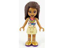 Friends Andrea - Tan Skirt, Coral, Lime and Medium Azure Top, Gold Boots, n/a (frnd392)