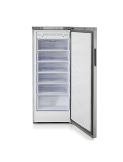 Вертикальная морозильная камера, цвет серебристый, шесть выдвижных ящиков.