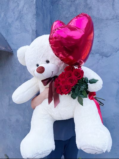 Подарочный набор №16 - Плюшевый мишка 160 см, Шары сердца 2, букет красных роз Эквадор