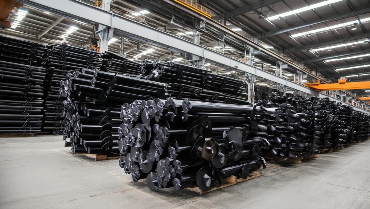 Склад готовых винтовых свай на заводе Версоф в Оренбурге